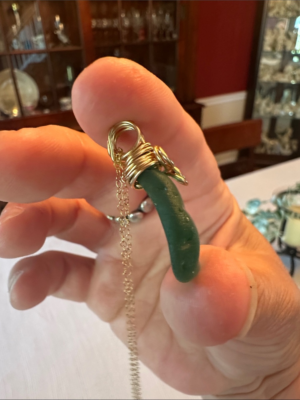 Gold-Wrapped Teal/Green Authentic Sea Glass Pendant w/gold fill chain - Picture 9 of 11